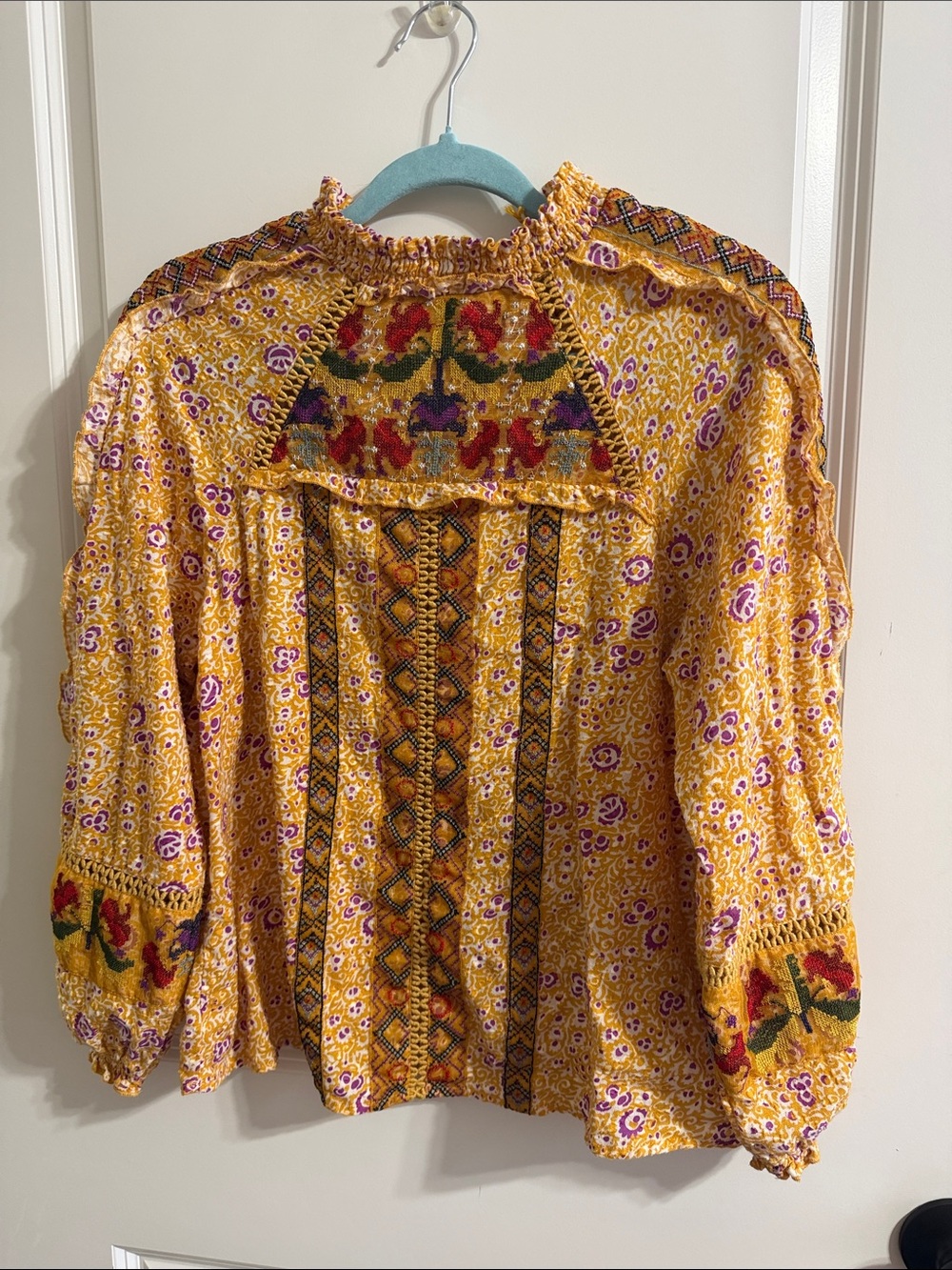 Maeve by Anthropologie Yellow and Purple Floral Smocked Top Womens 4 small